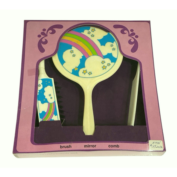 Vintage ARC New York Hair Comb Brush Mirror Set 1980 Rainbow Stars Sealed - Picture 1 of 9